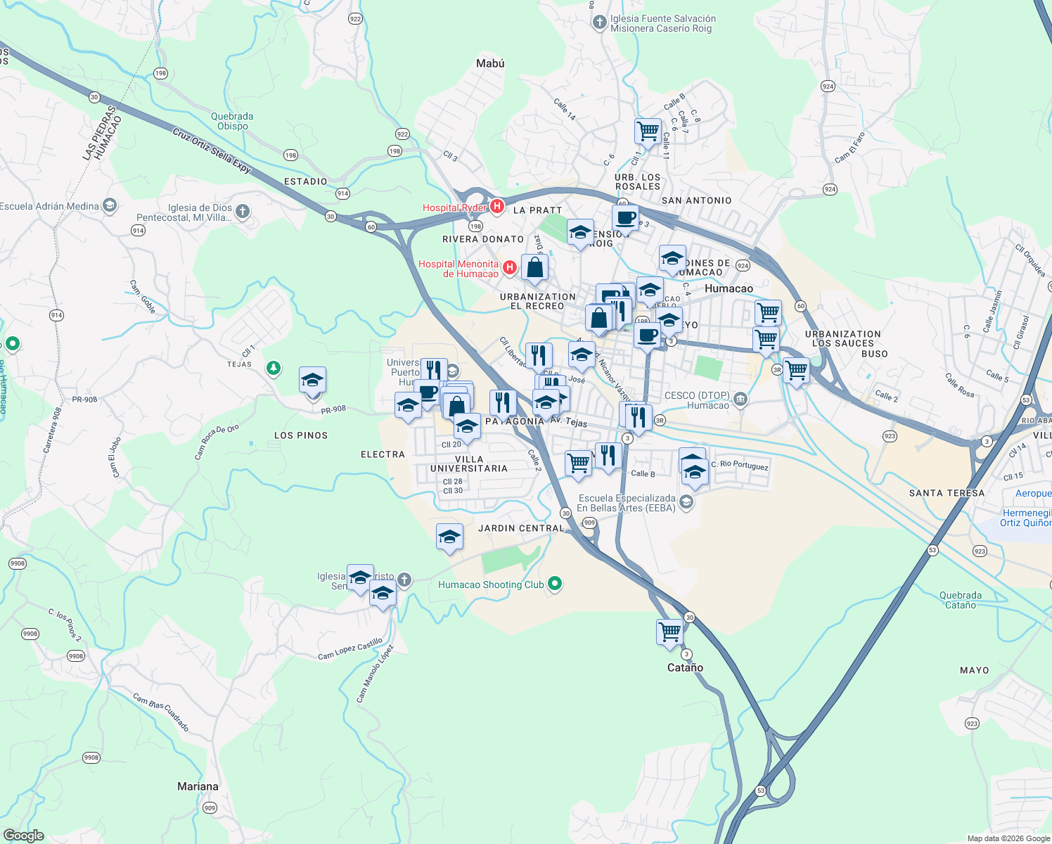 map of restaurants, bars, coffee shops, grocery stores, and more near Avenida Tejas in Humacao