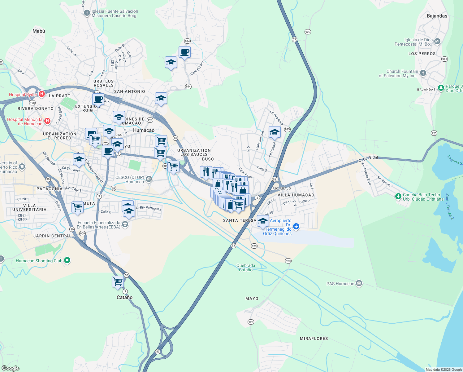 map of restaurants, bars, coffee shops, grocery stores, and more near Calle 11 in Humacao
