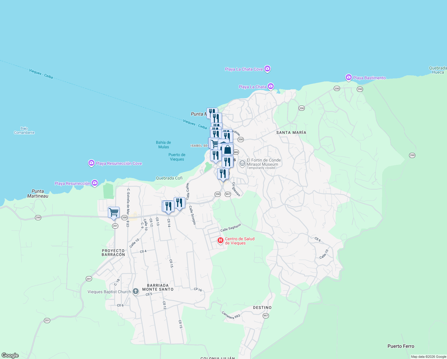 map of restaurants, bars, coffee shops, grocery stores, and more near Highway 200 in Vieques