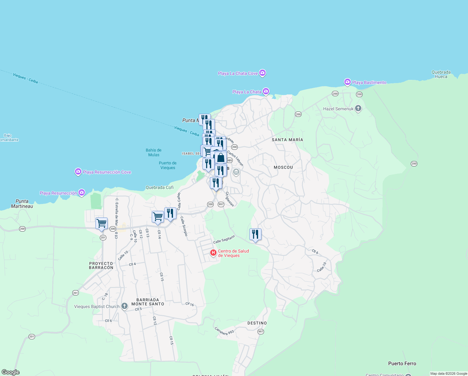 map of restaurants, bars, coffee shops, grocery stores, and more near Calle Apolonia Gittings in Vieques