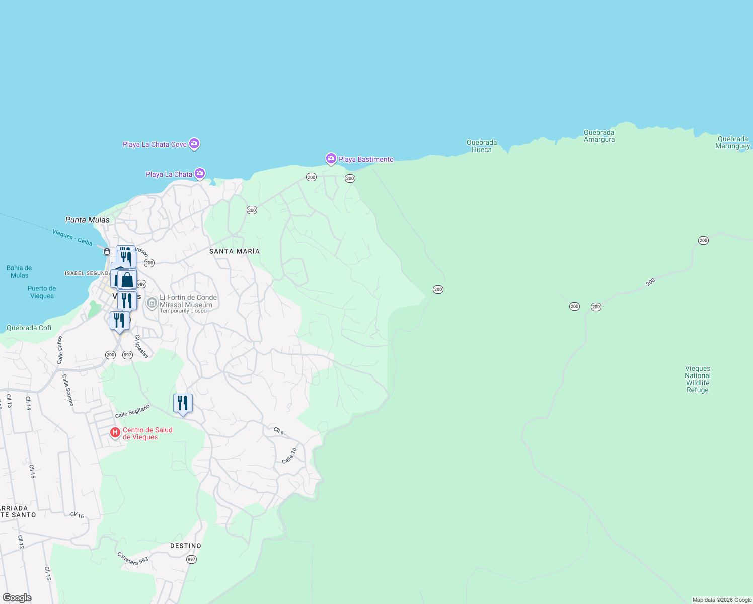 map of restaurants, bars, coffee shops, grocery stores, and more near 200 in Vieques