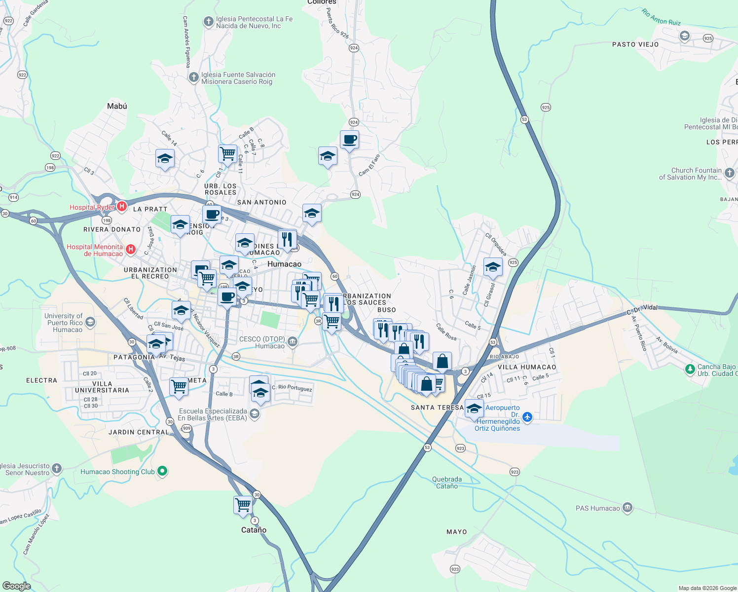map of restaurants, bars, coffee shops, grocery stores, and more near in Humacao