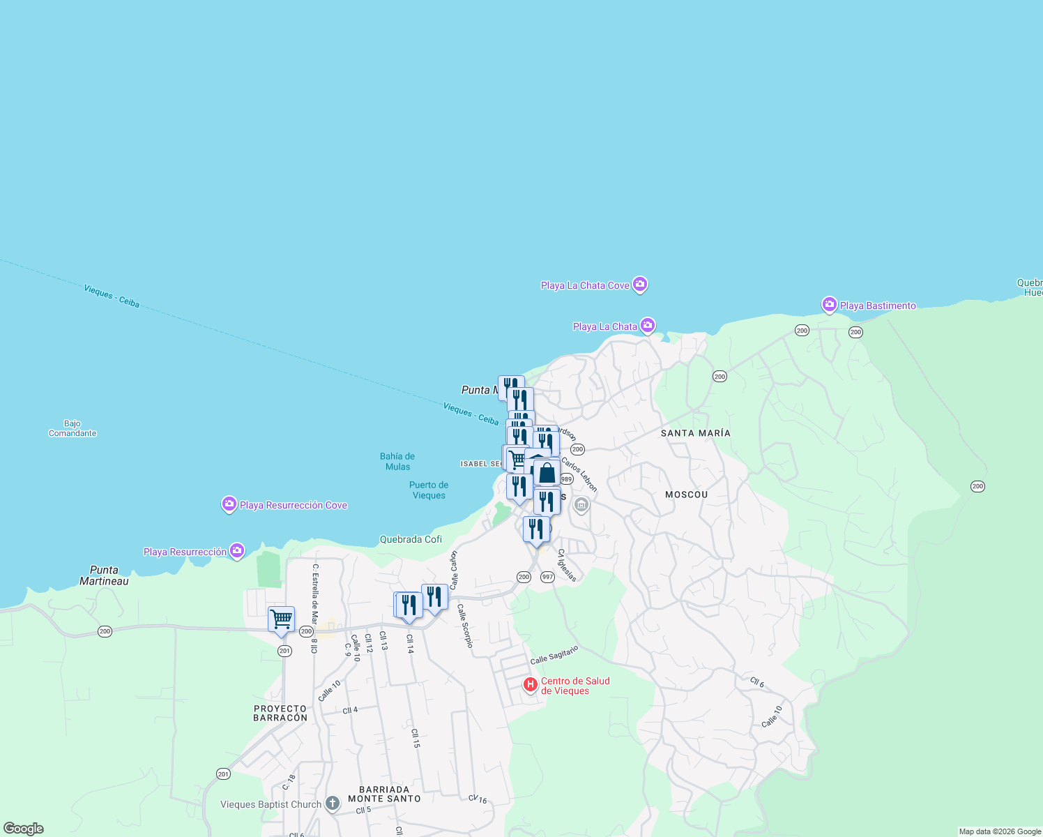 map of restaurants, bars, coffee shops, grocery stores, and more near Calle Morropo in Vieques