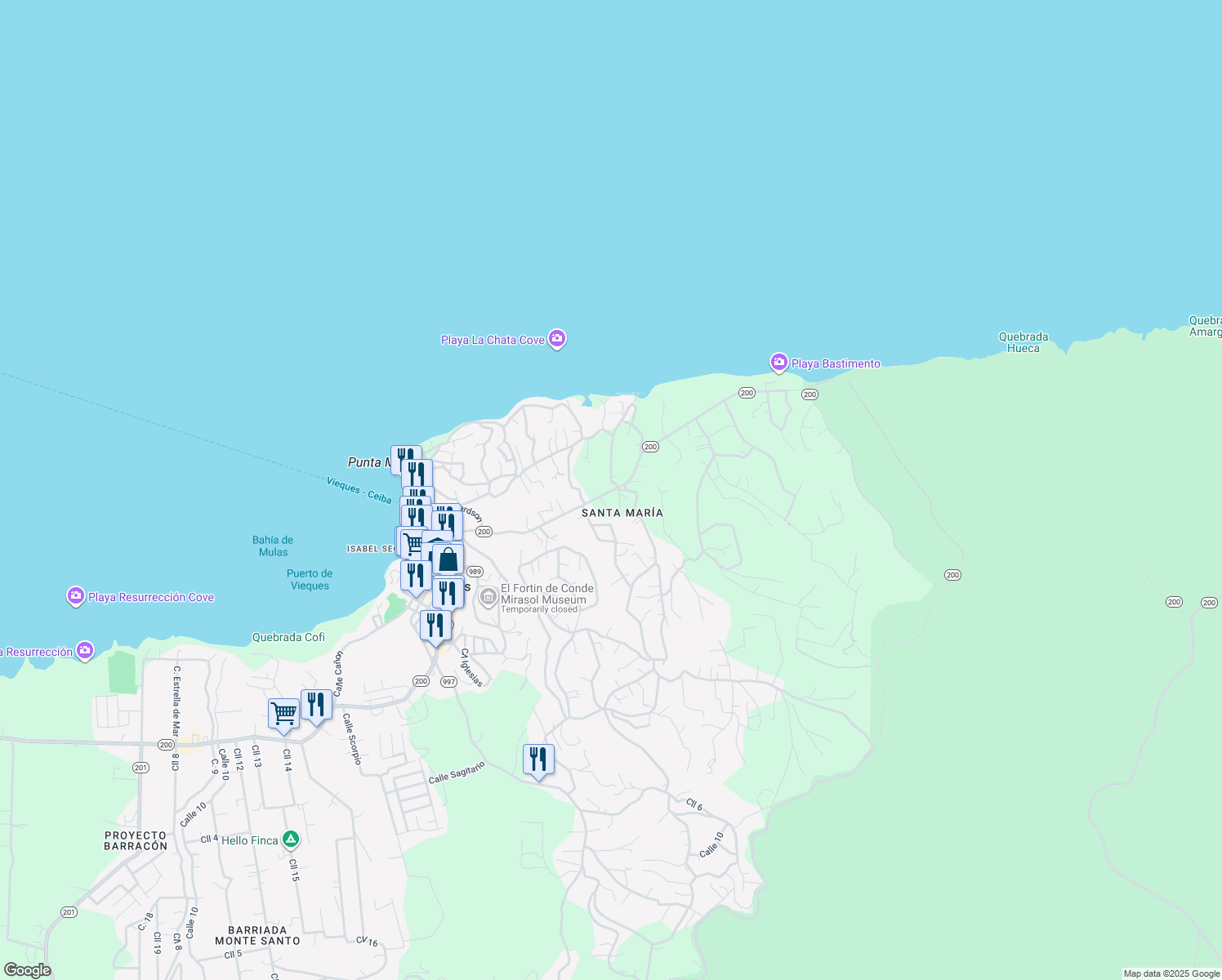 map of restaurants, bars, coffee shops, grocery stores, and more near in Puerto Diablo