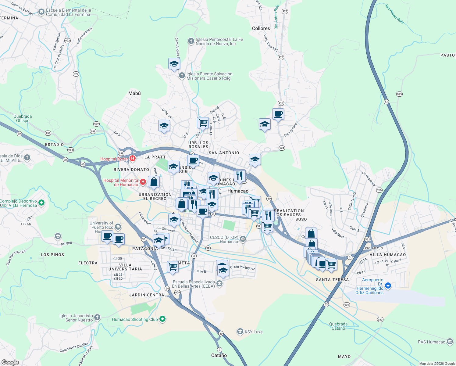 map of restaurants, bars, coffee shops, grocery stores, and more near Calle 6 in Humacao