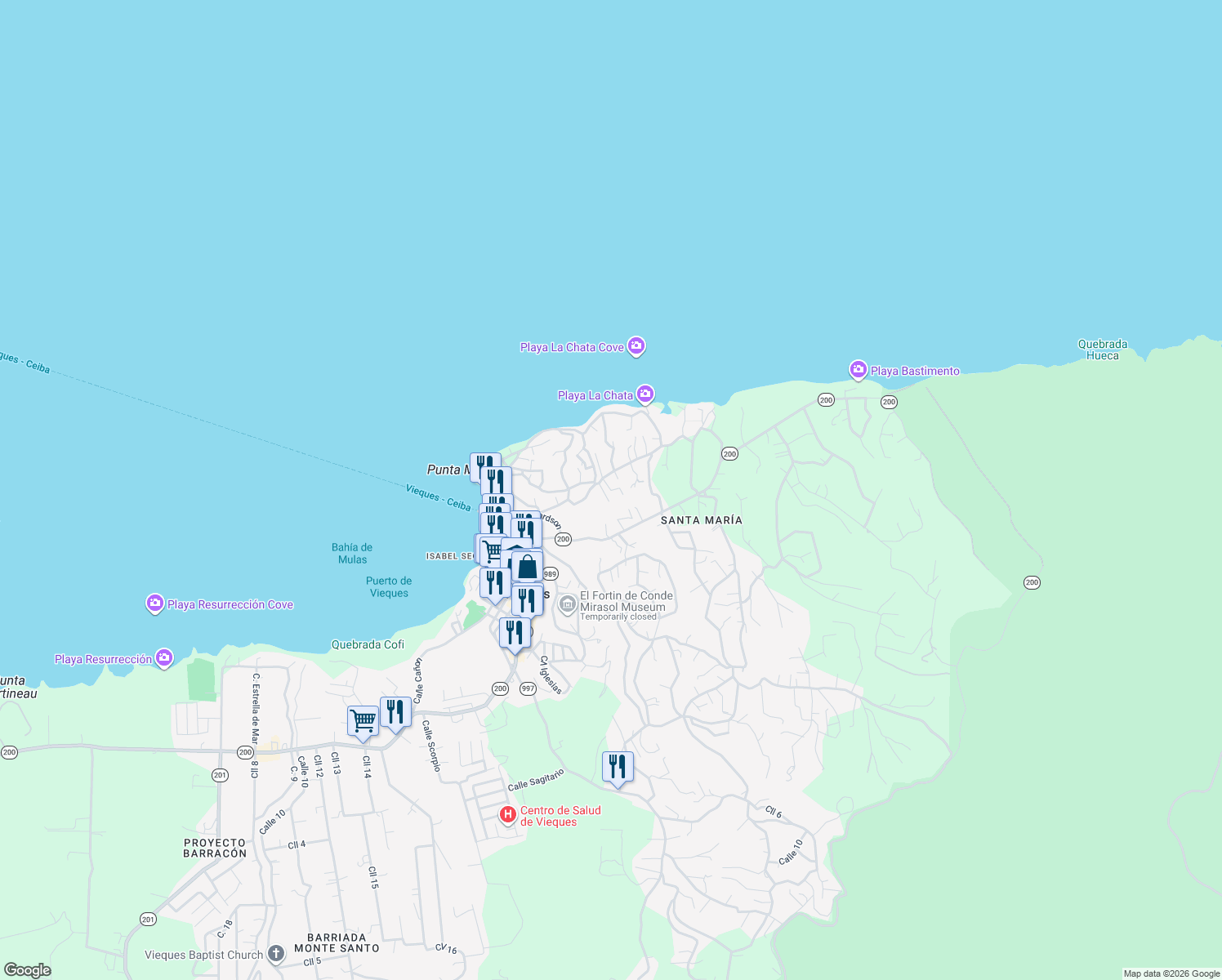 map of restaurants, bars, coffee shops, grocery stores, and more near Camino los Rivera in Vieques