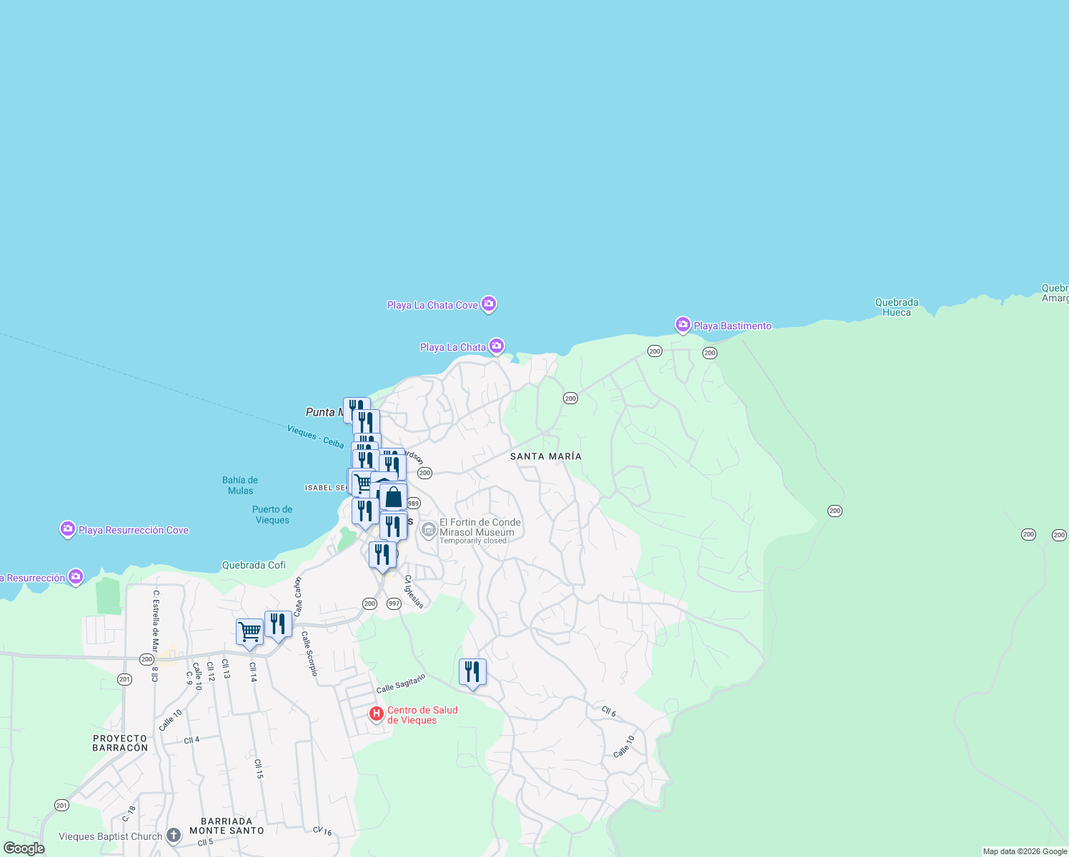 map of restaurants, bars, coffee shops, grocery stores, and more near Highway 200 in Vieques