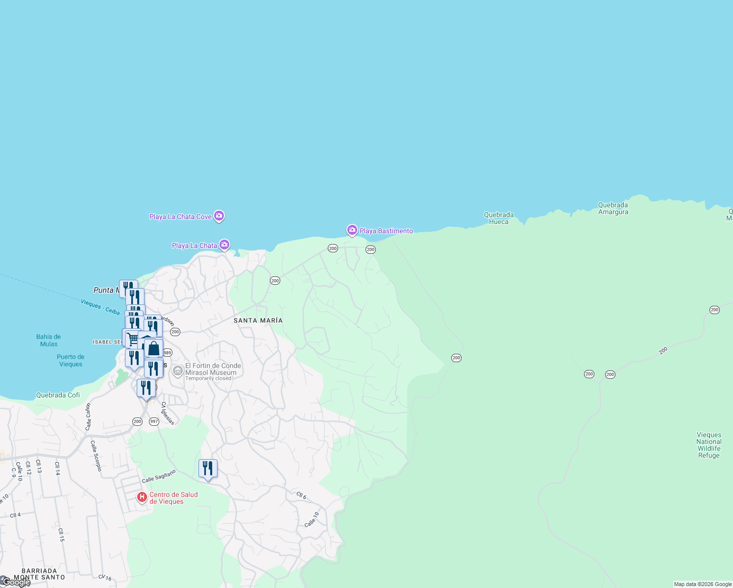 map of restaurants, bars, coffee shops, grocery stores, and more near in Puerto Diablo