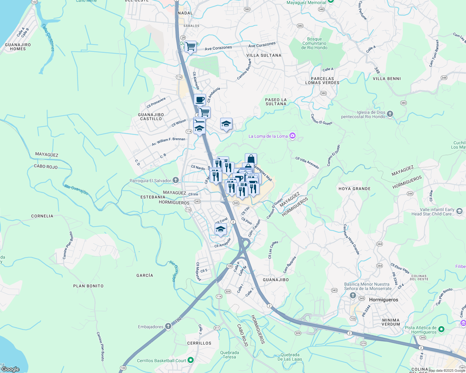 map of restaurants, bars, coffee shops, grocery stores, and more near 975 Avenida Eugenio María de Hostos in Mayagüez