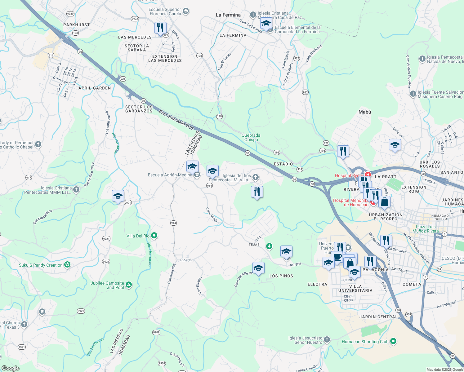 map of restaurants, bars, coffee shops, grocery stores, and more near PR-914 in Humacao