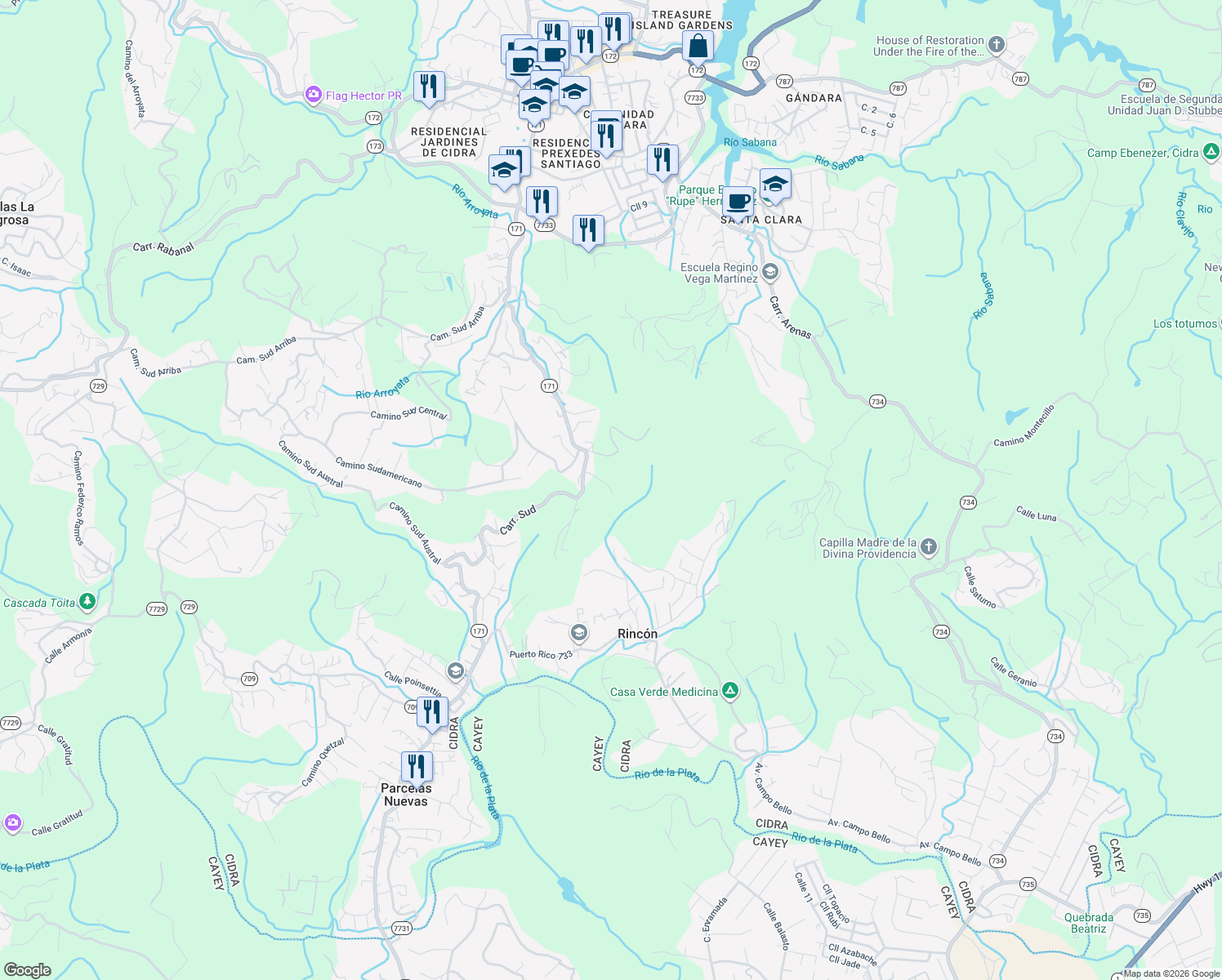 map of restaurants, bars, coffee shops, grocery stores, and more near Puerto Rico 171 in Cidra