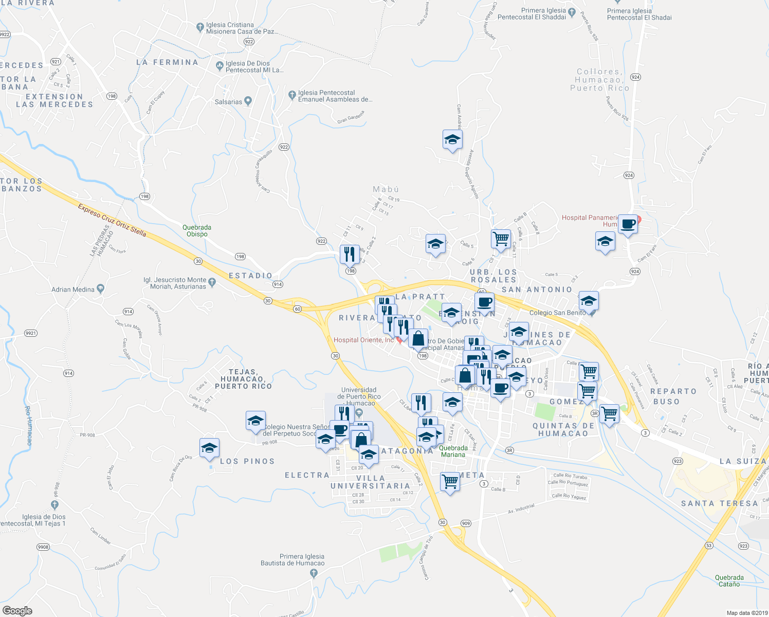 map of restaurants, bars, coffee shops, grocery stores, and more near Sector Cuesta Los Jobos in Humacao