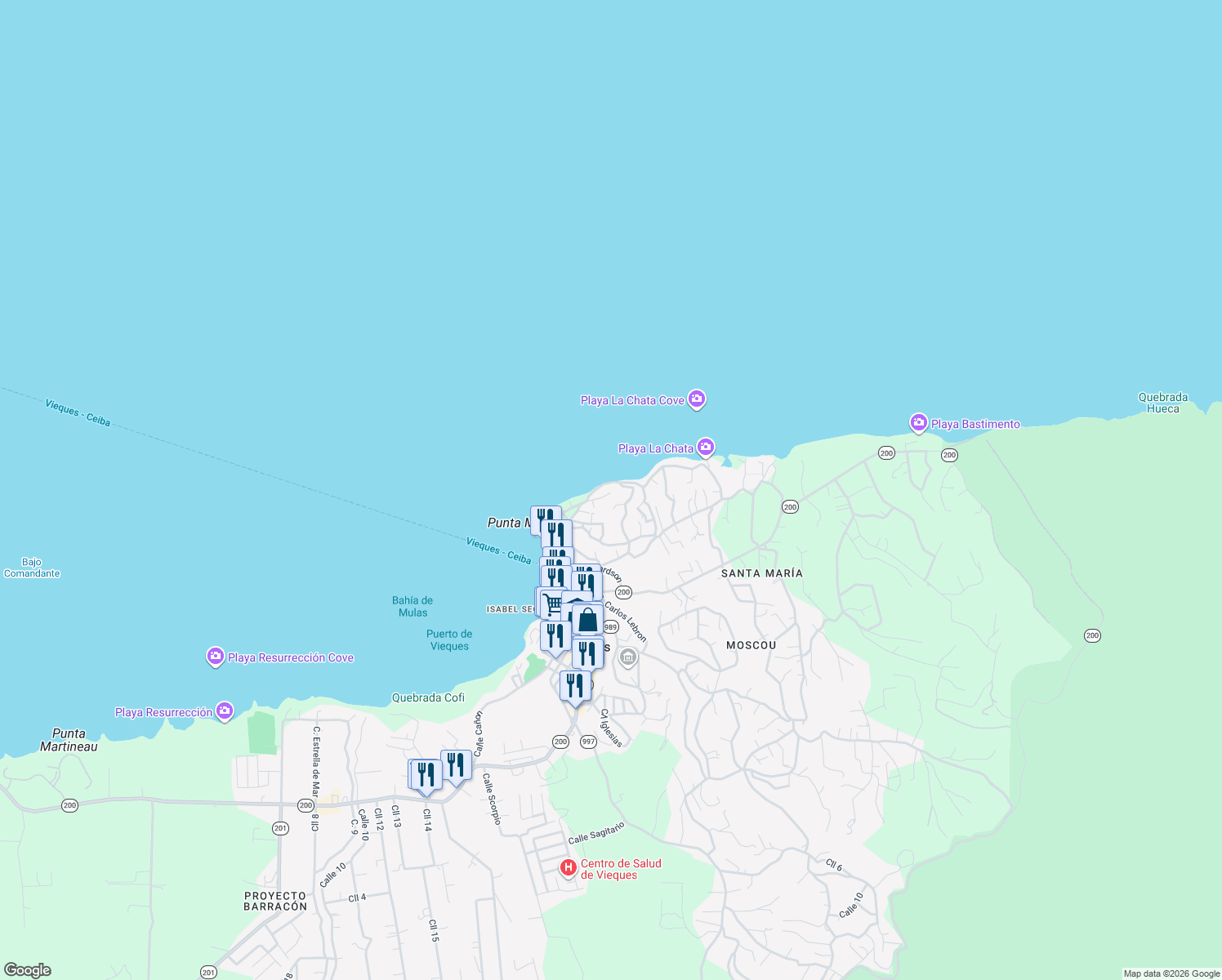 map of restaurants, bars, coffee shops, grocery stores, and more near Calle Morropo in Vieques
