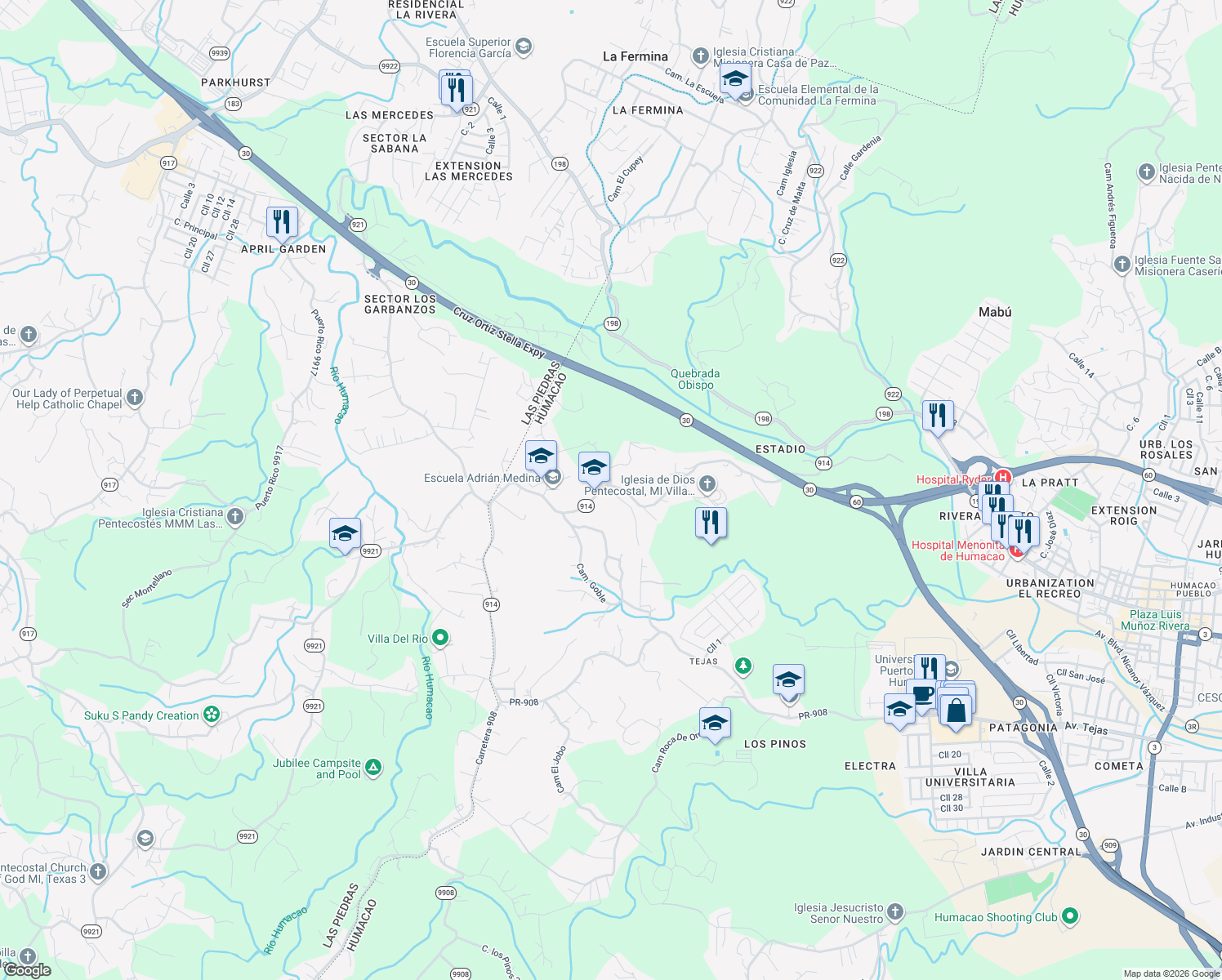 map of restaurants, bars, coffee shops, grocery stores, and more near PR-914 in Humacao
