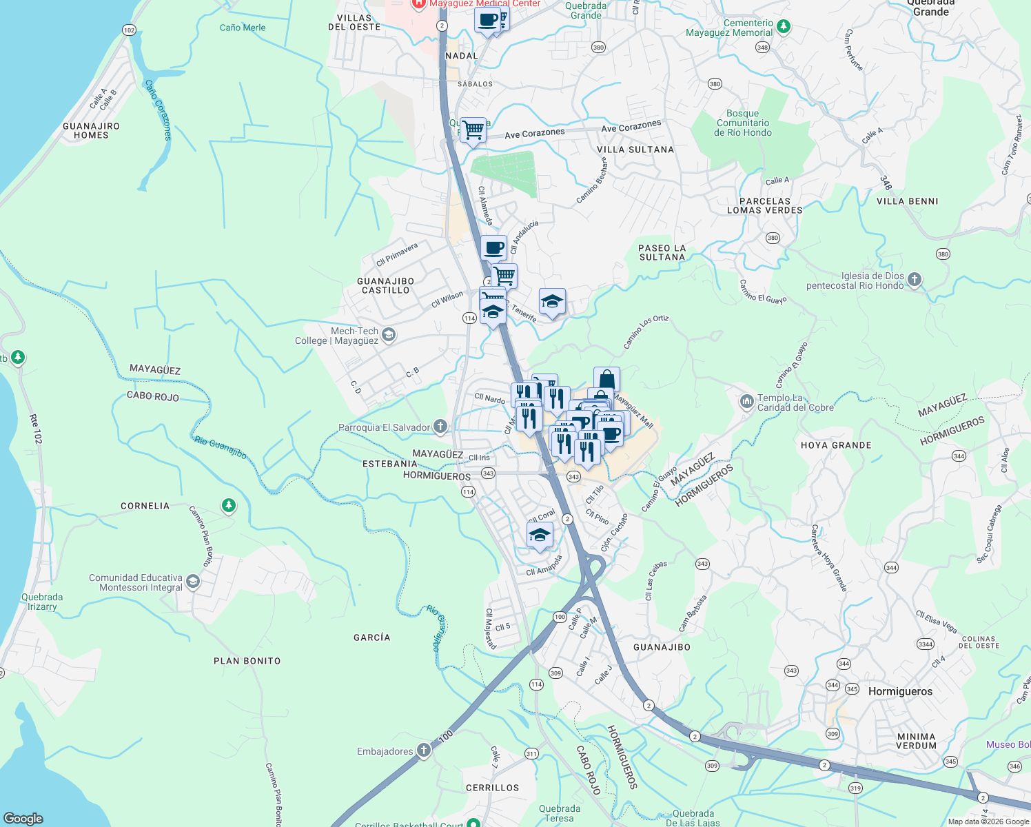 map of restaurants, bars, coffee shops, grocery stores, and more near 58-66 Calle Begonia in Mayagüez