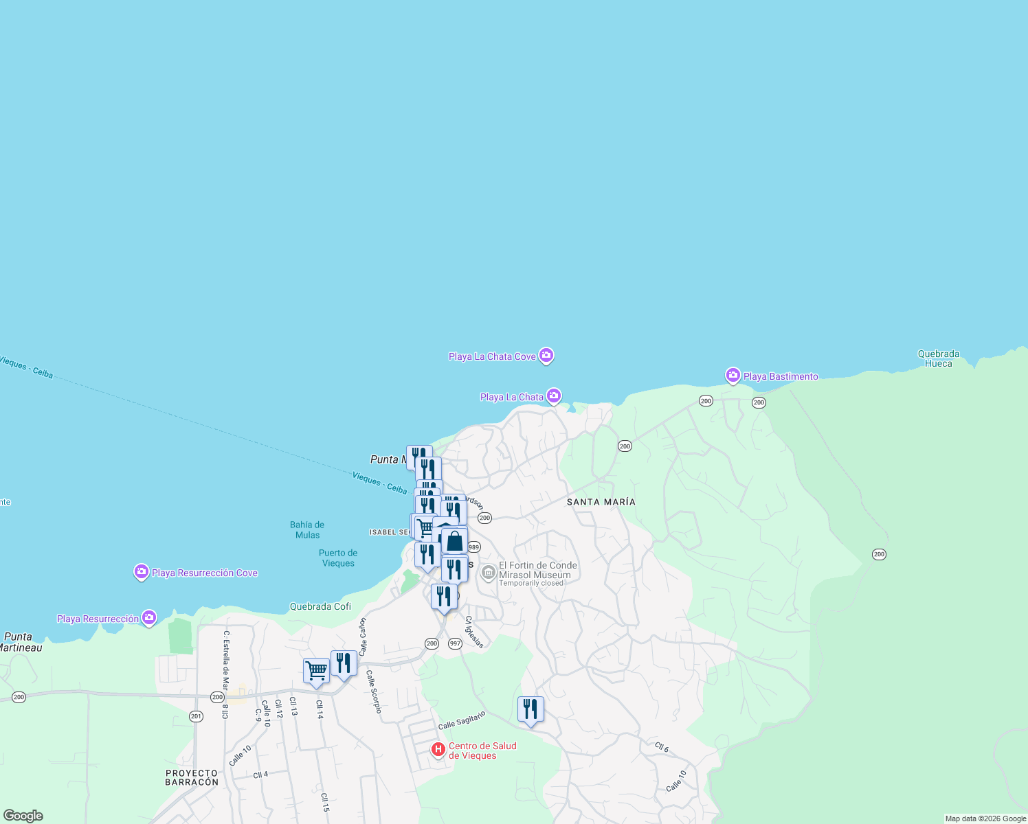 map of restaurants, bars, coffee shops, grocery stores, and more near Camino los Rivera in Vieques