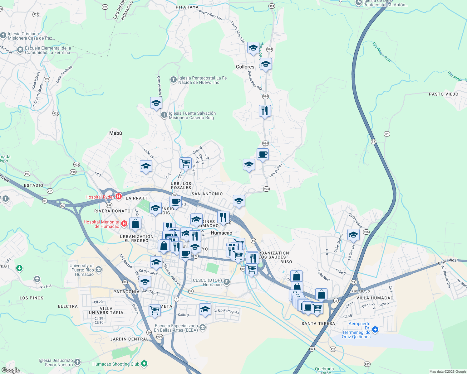 map of restaurants, bars, coffee shops, grocery stores, and more near 152 Calle Puerto Del Cielo in Humacao