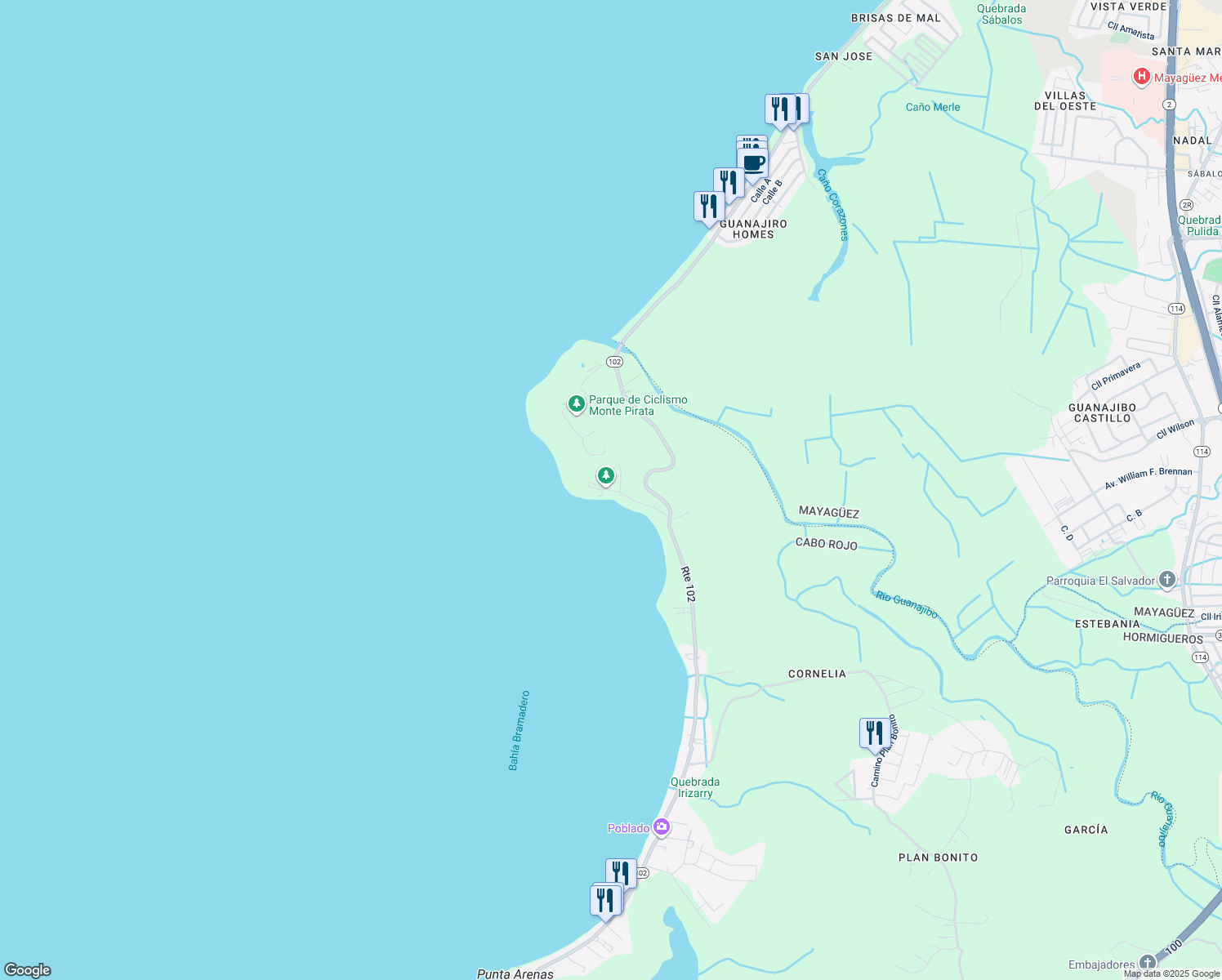 map of restaurants, bars, coffee shops, grocery stores, and more near in Guanajibo