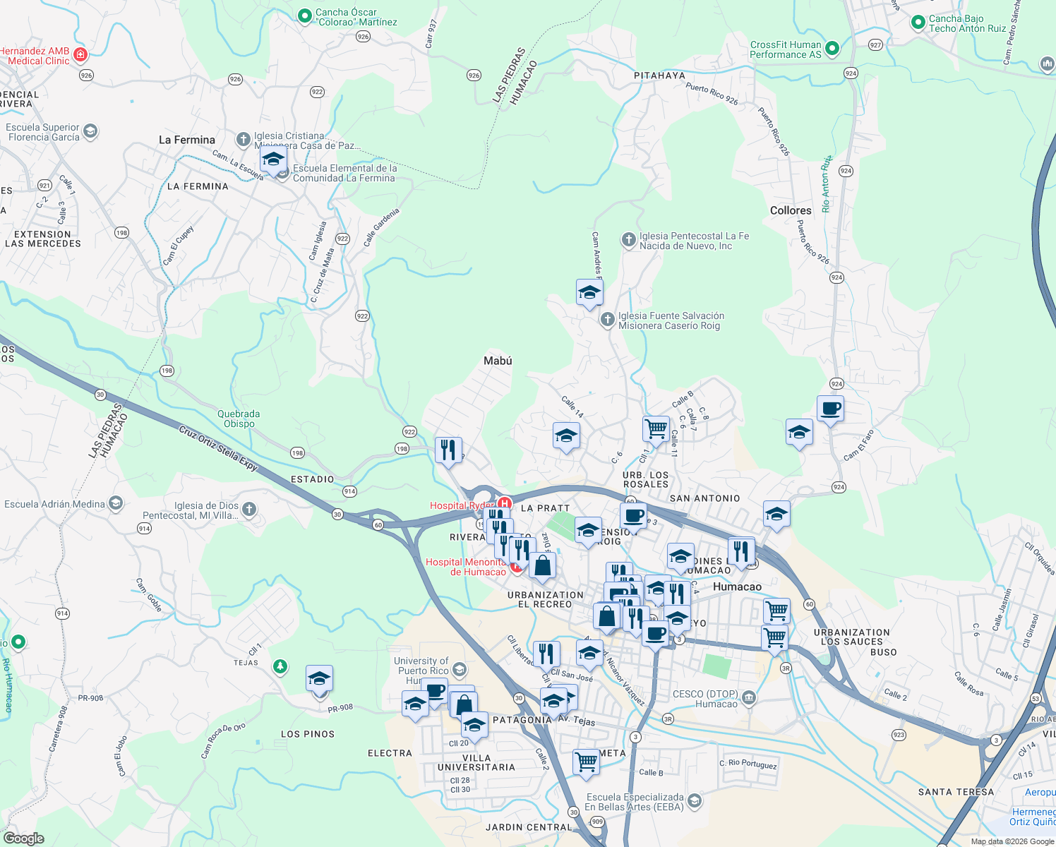 map of restaurants, bars, coffee shops, grocery stores, and more near Calle 11 in Humacao