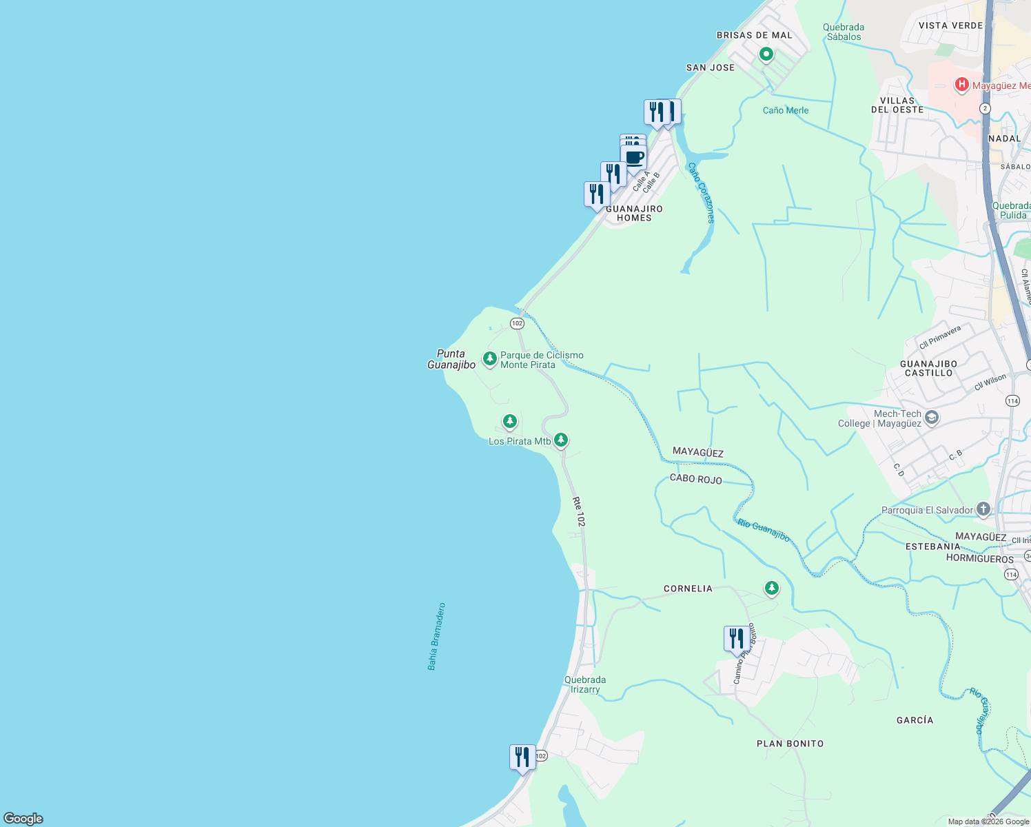 map of restaurants, bars, coffee shops, grocery stores, and more near in Guanajibo