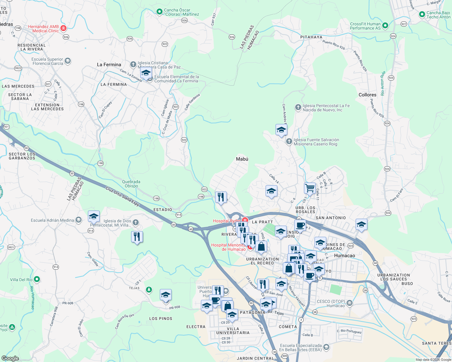 map of restaurants, bars, coffee shops, grocery stores, and more near in Humacao