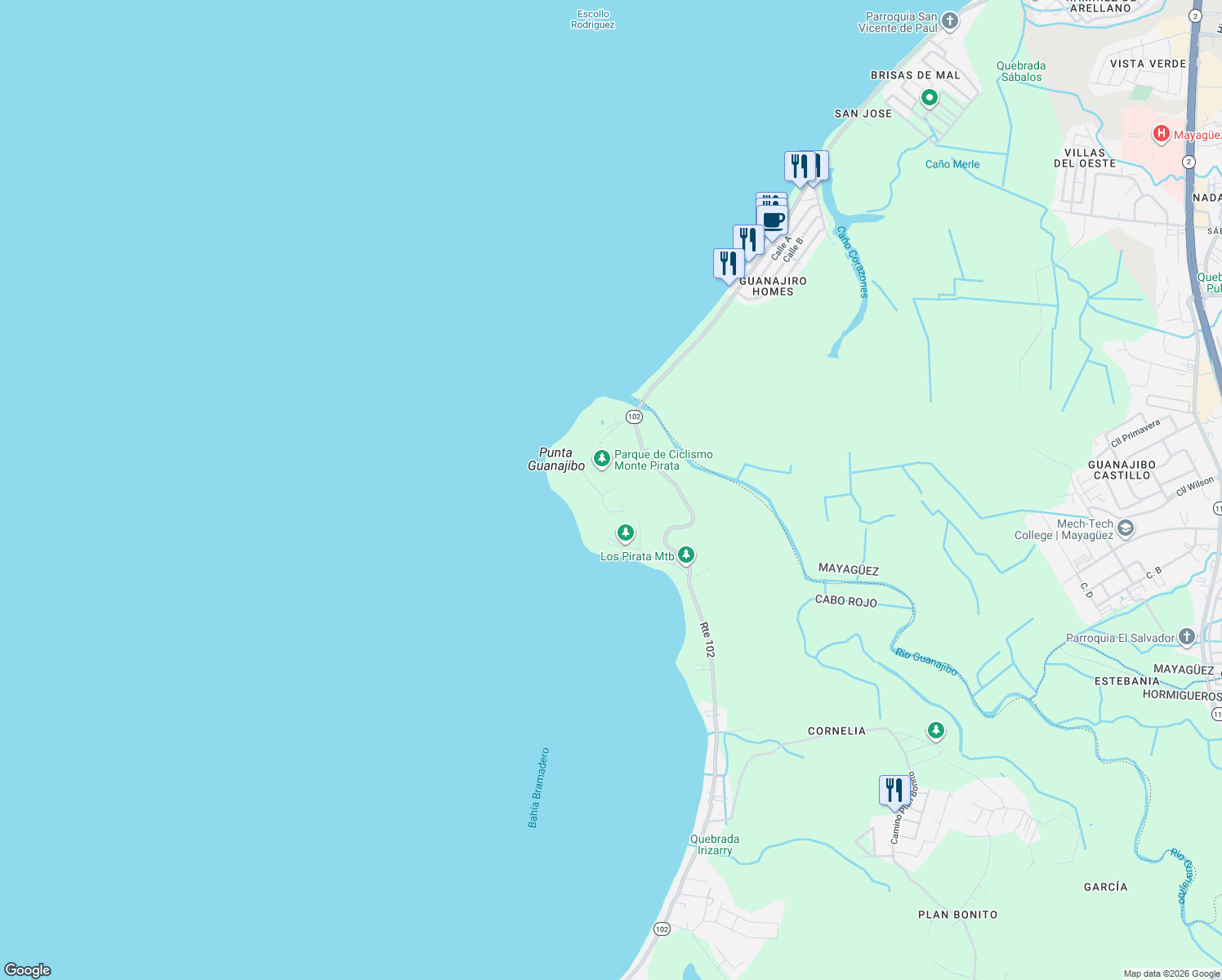 map of restaurants, bars, coffee shops, grocery stores, and more near in Guanajibo