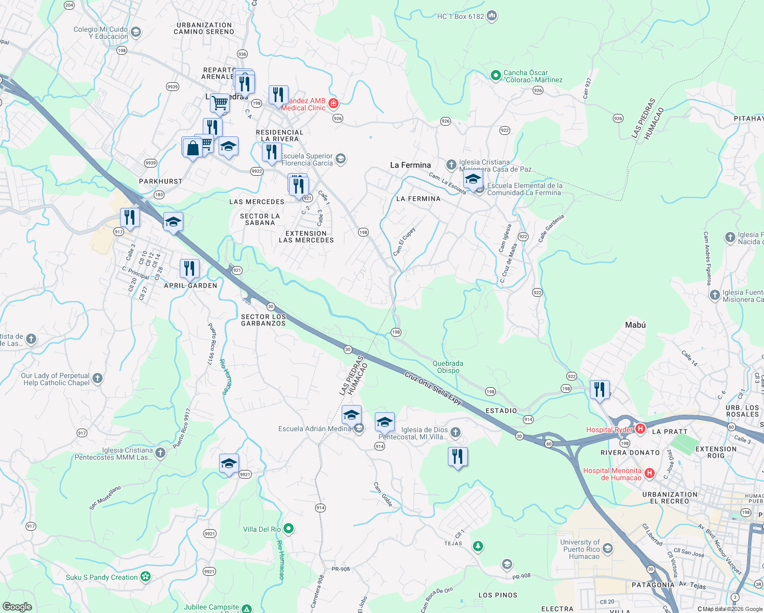 map of restaurants, bars, coffee shops, grocery stores, and more near 2 Puerto Rico 198 in Collores