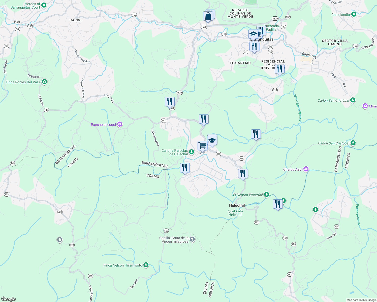 map of restaurants, bars, coffee shops, grocery stores, and more near in Helechal