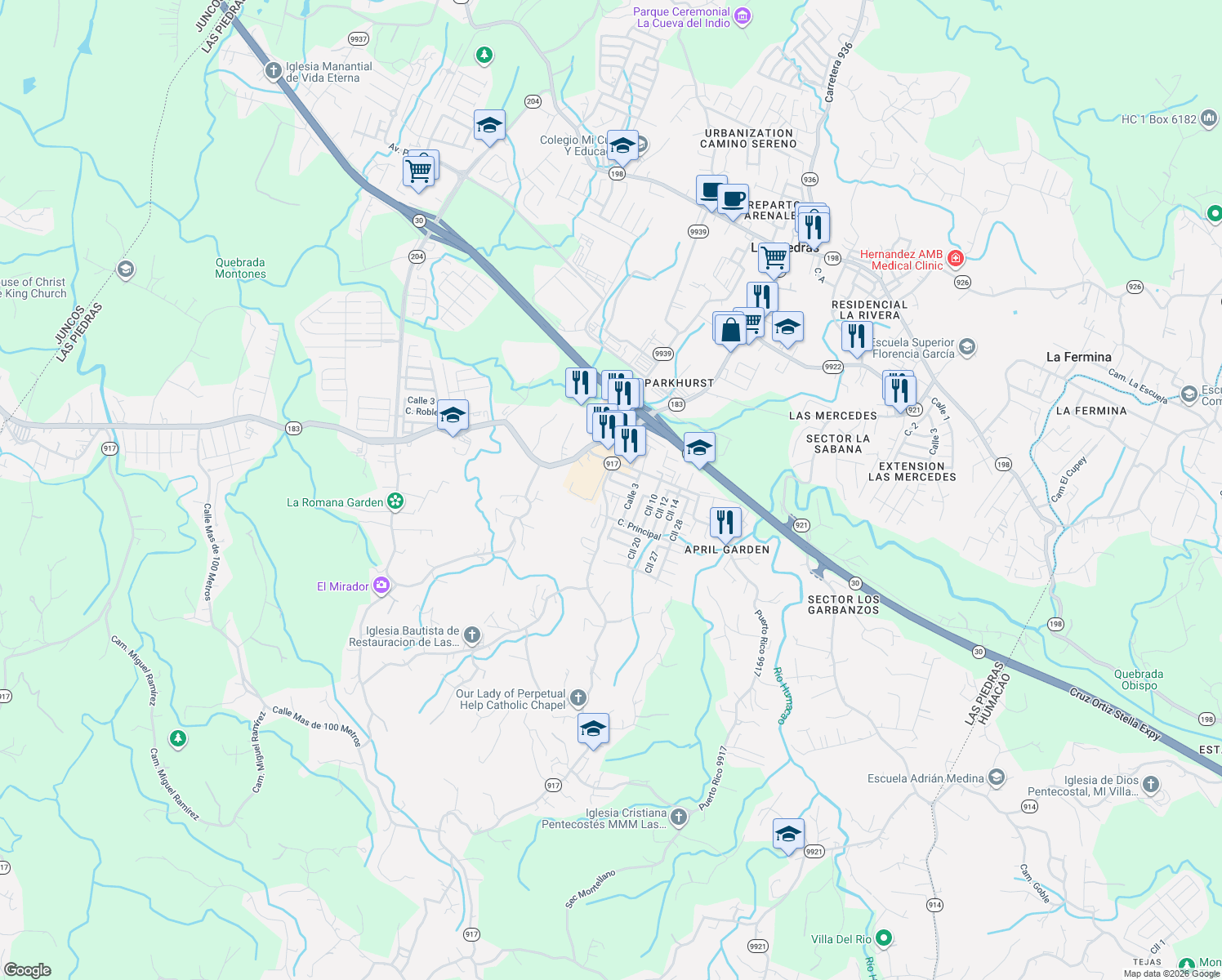 map of restaurants, bars, coffee shops, grocery stores, and more near in Las Piedras
