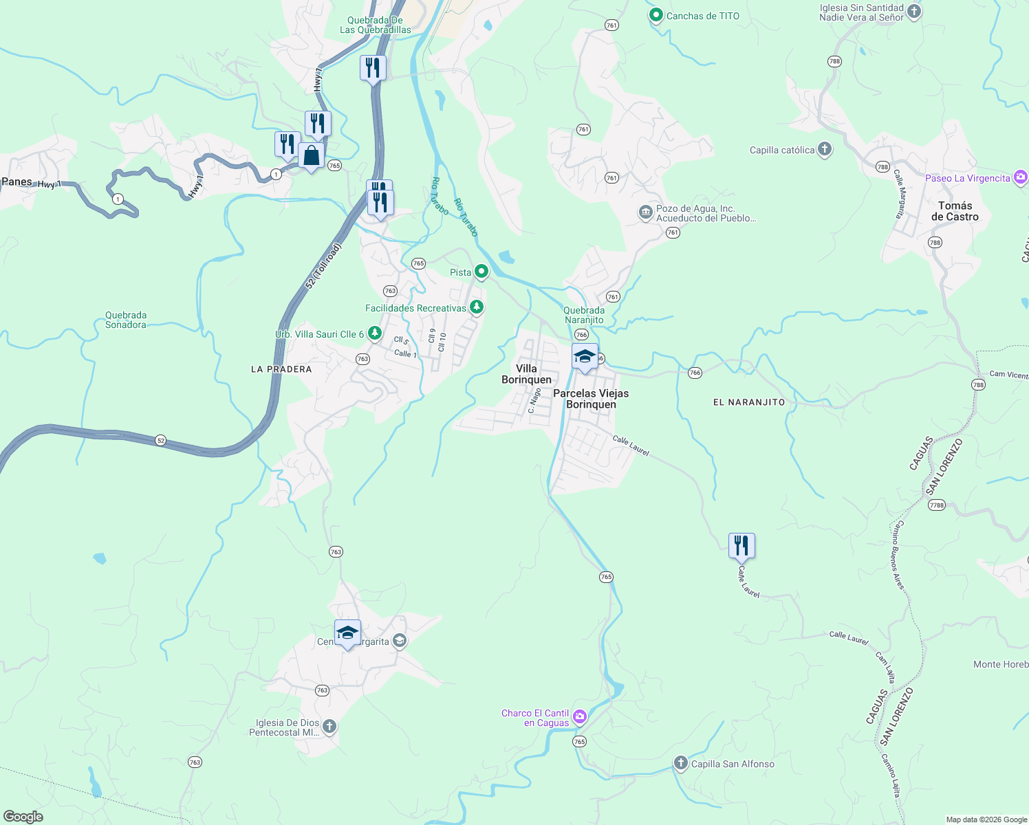 map of restaurants, bars, coffee shops, grocery stores, and more near Calle Nago in Caguas