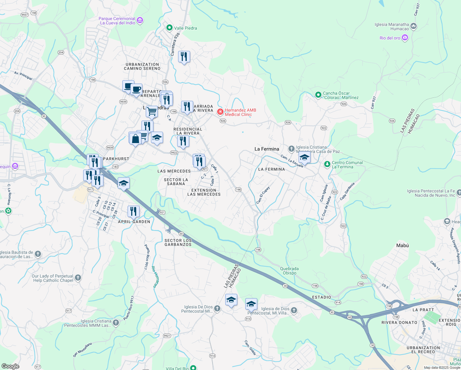 map of restaurants, bars, coffee shops, grocery stores, and more near Calle Antonio Marquez in Las Piedras