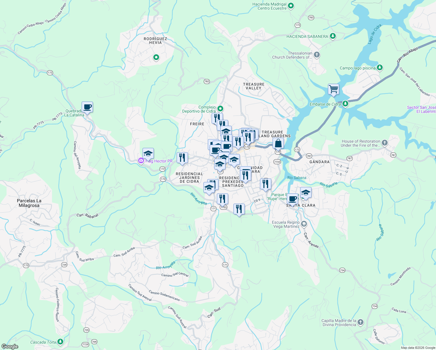 map of restaurants, bars, coffee shops, grocery stores, and more near 32 Calle Muñoz Rivera in Cidra