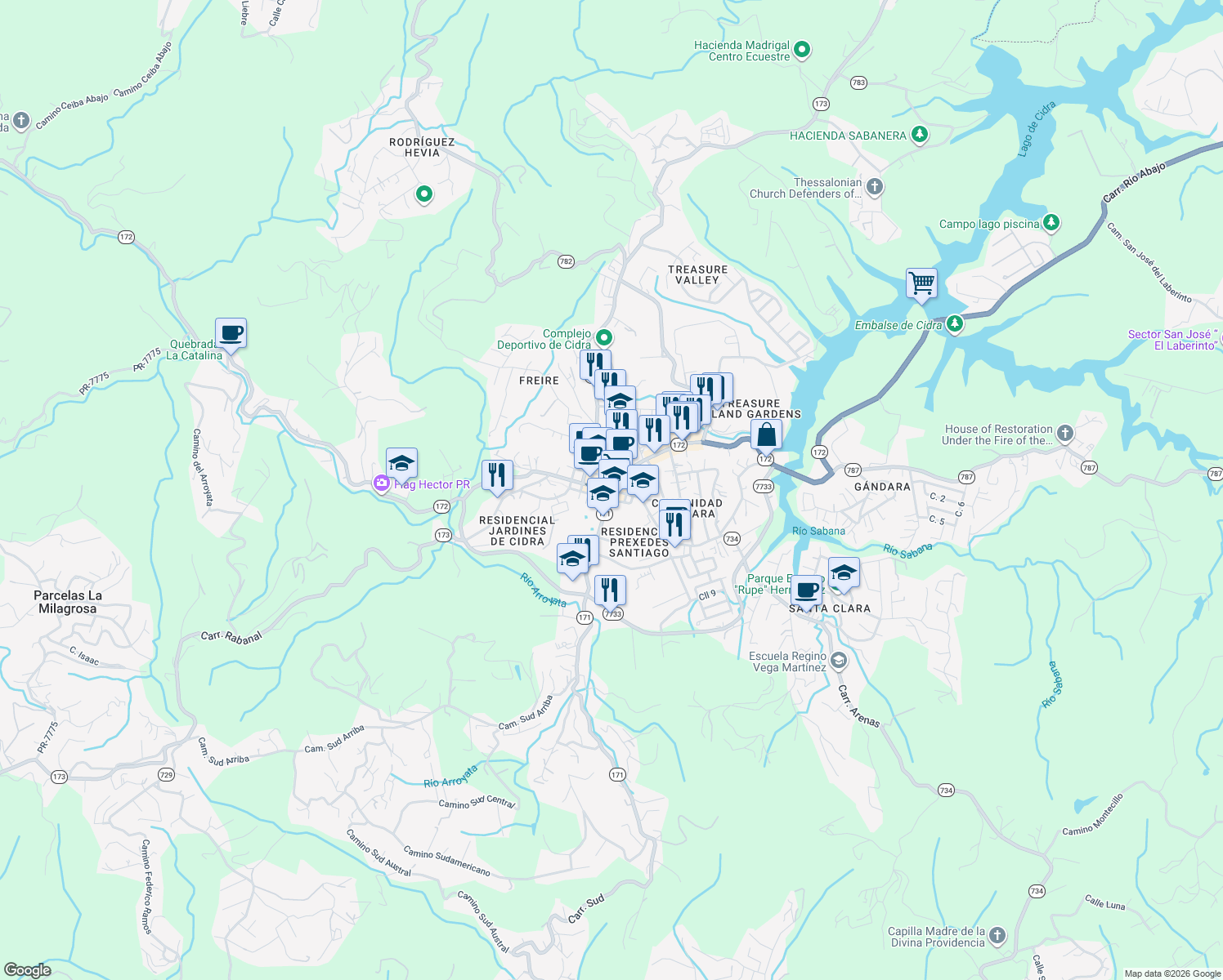 map of restaurants, bars, coffee shops, grocery stores, and more near Puerto Rico 171 in Cidra