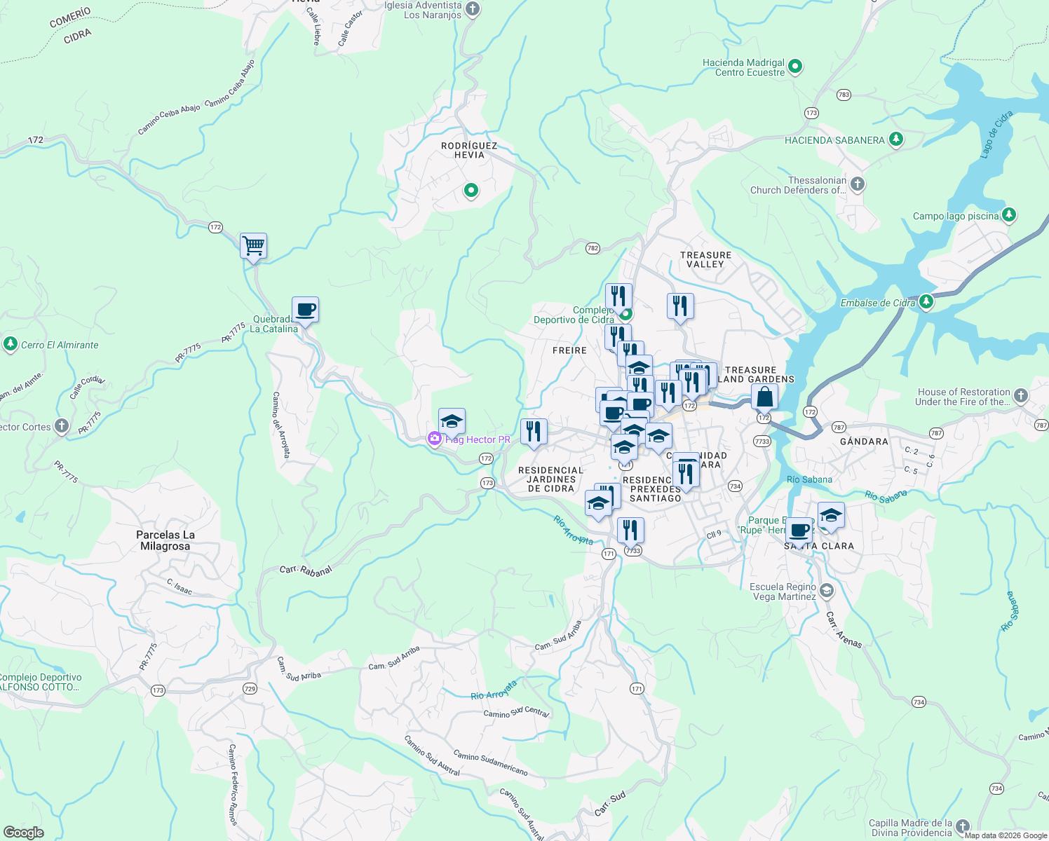 map of restaurants, bars, coffee shops, grocery stores, and more near in Cidra