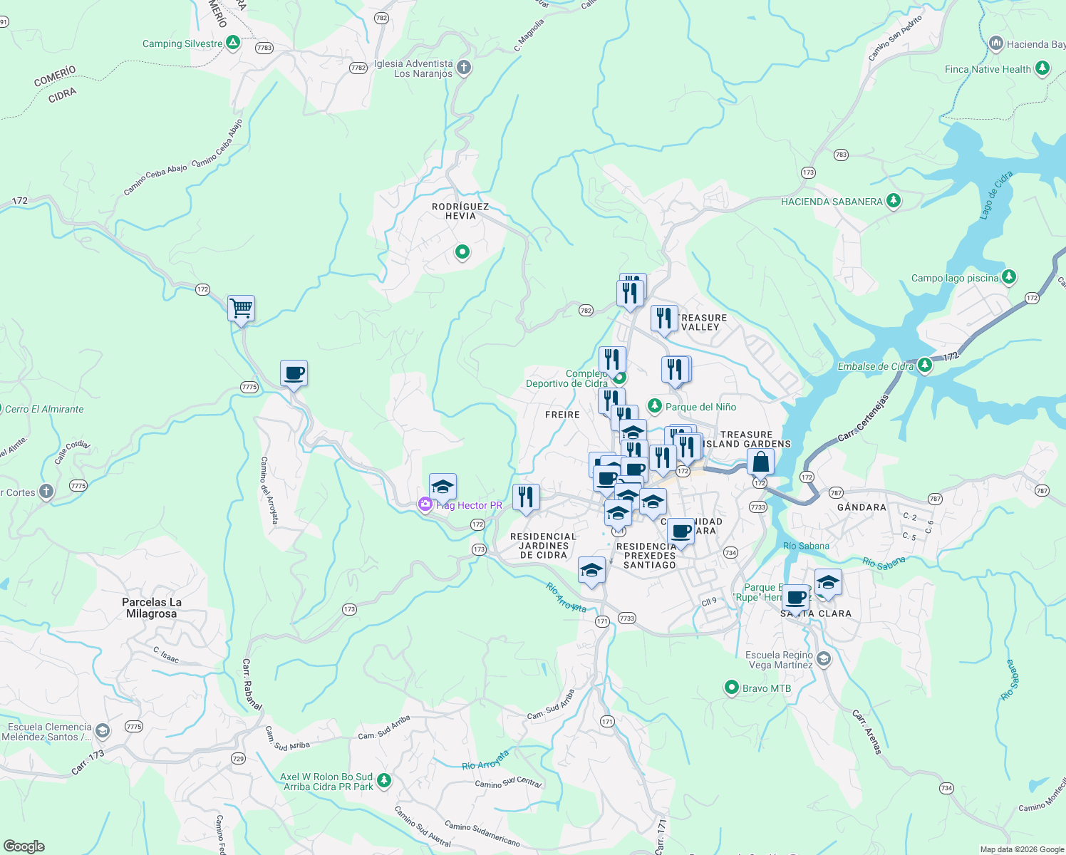 map of restaurants, bars, coffee shops, grocery stores, and more near in Cidra