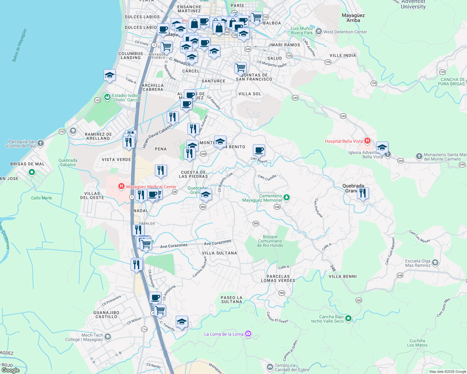 map of restaurants, bars, coffee shops, grocery stores, and more near Calle Balbino Trinta in Mayagüez