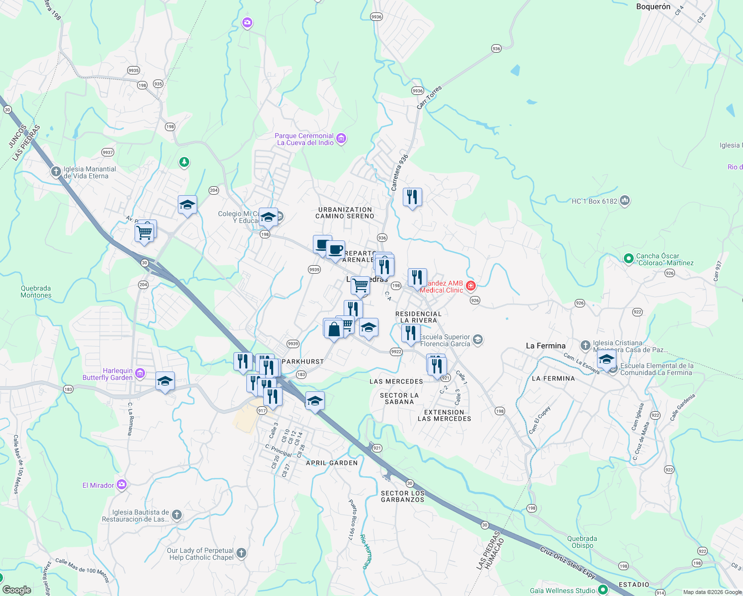 map of restaurants, bars, coffee shops, grocery stores, and more near 2 Avenida Jesús Toribio Piñero in Las Piedras