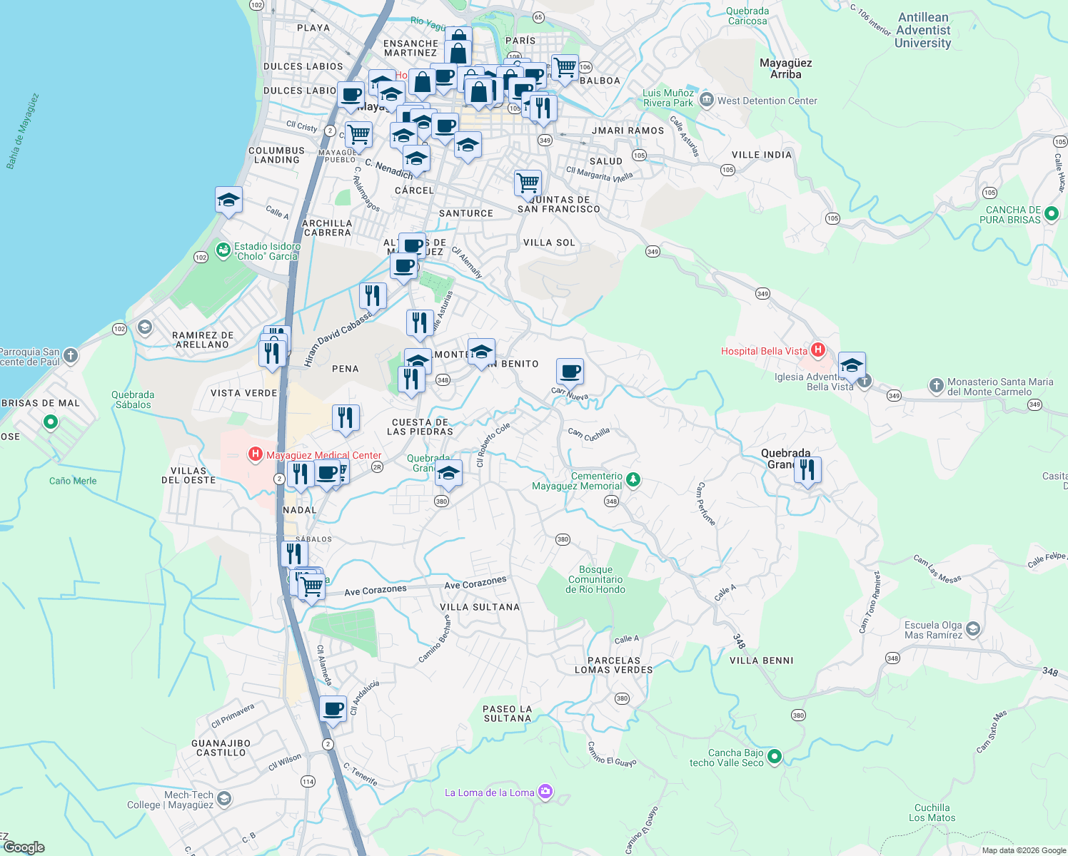map of restaurants, bars, coffee shops, grocery stores, and more near Calle Balbino Trinta in Mayagüez