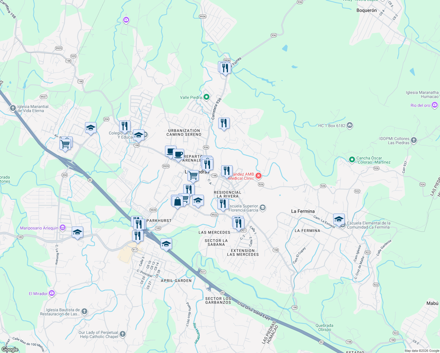map of restaurants, bars, coffee shops, grocery stores, and more near in Las Piedras