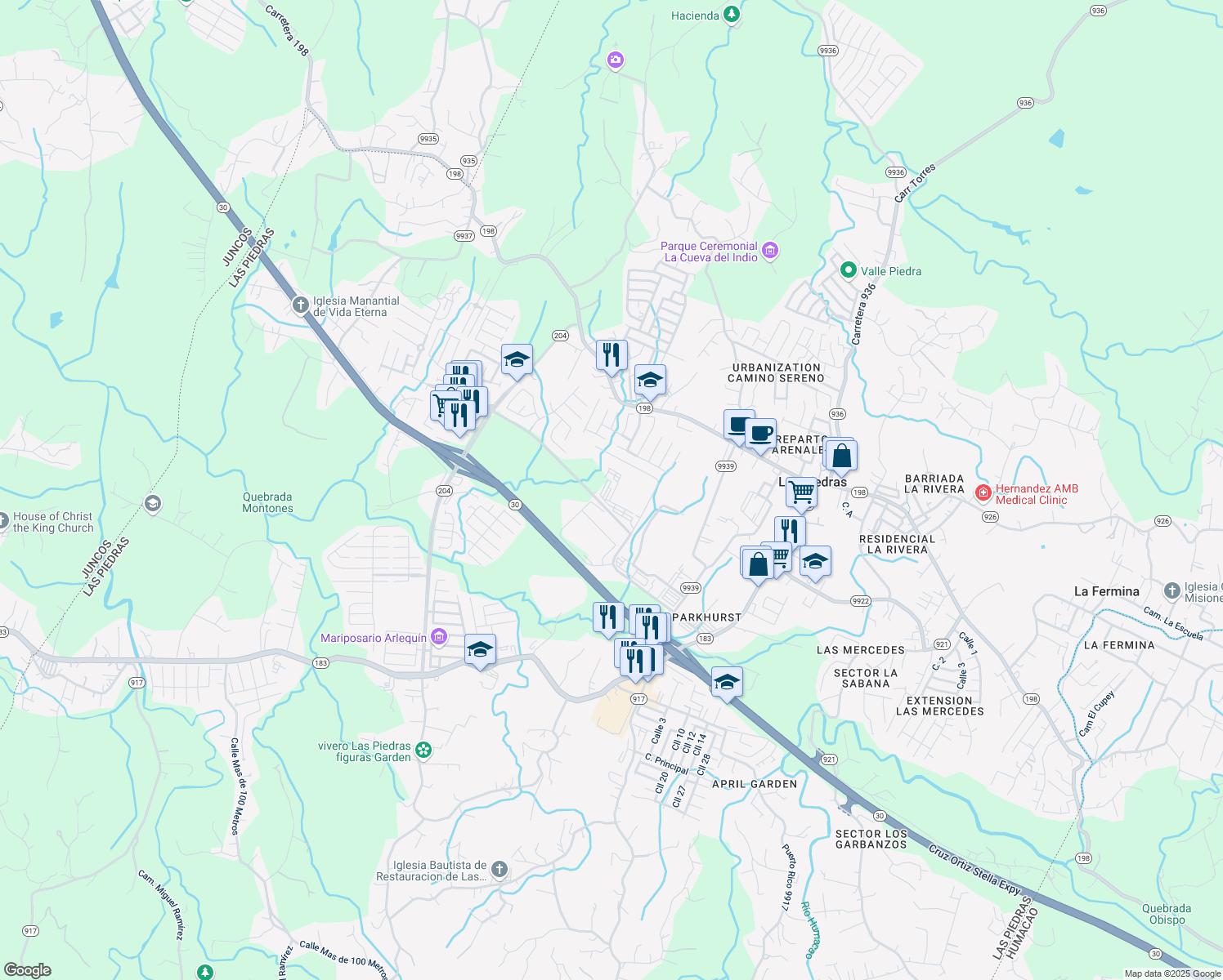 map of restaurants, bars, coffee shops, grocery stores, and more near Calle Ebano in Las Piedras