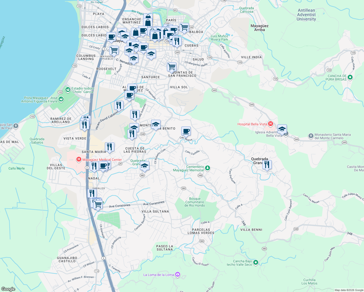 map of restaurants, bars, coffee shops, grocery stores, and more near Camino Cuchilla in Mayagüez