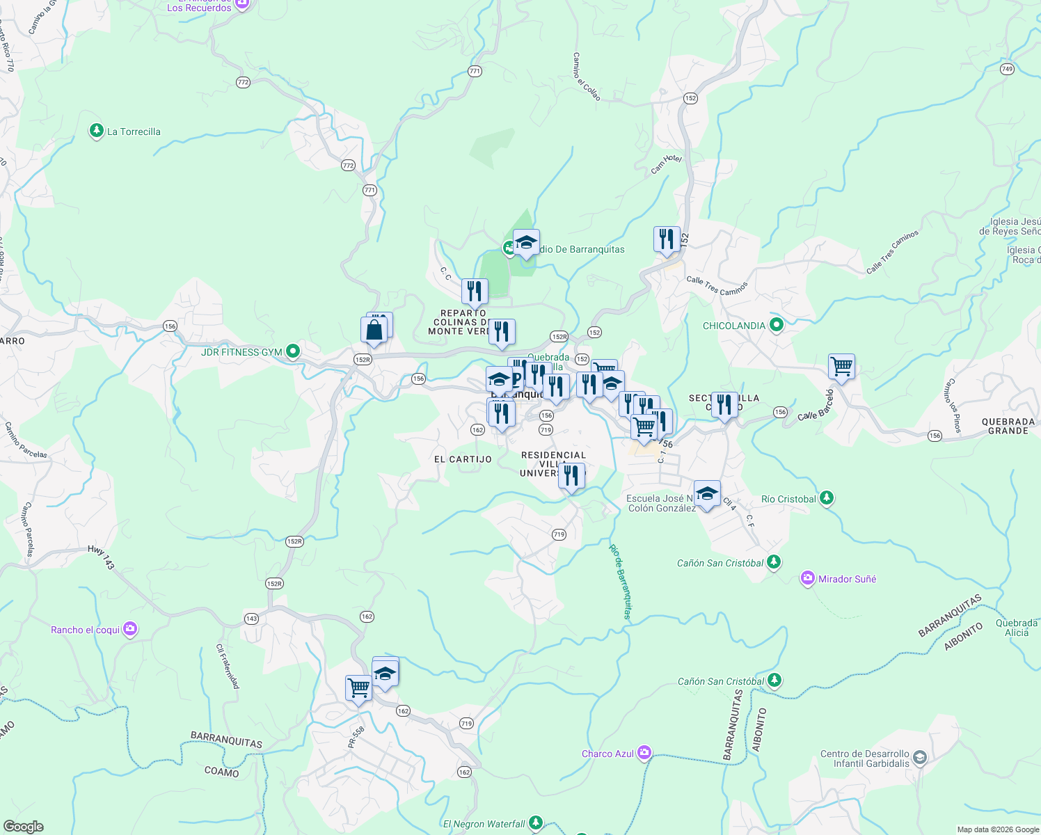 map of restaurants, bars, coffee shops, grocery stores, and more near 48 Calle Barceló in Barranquitas