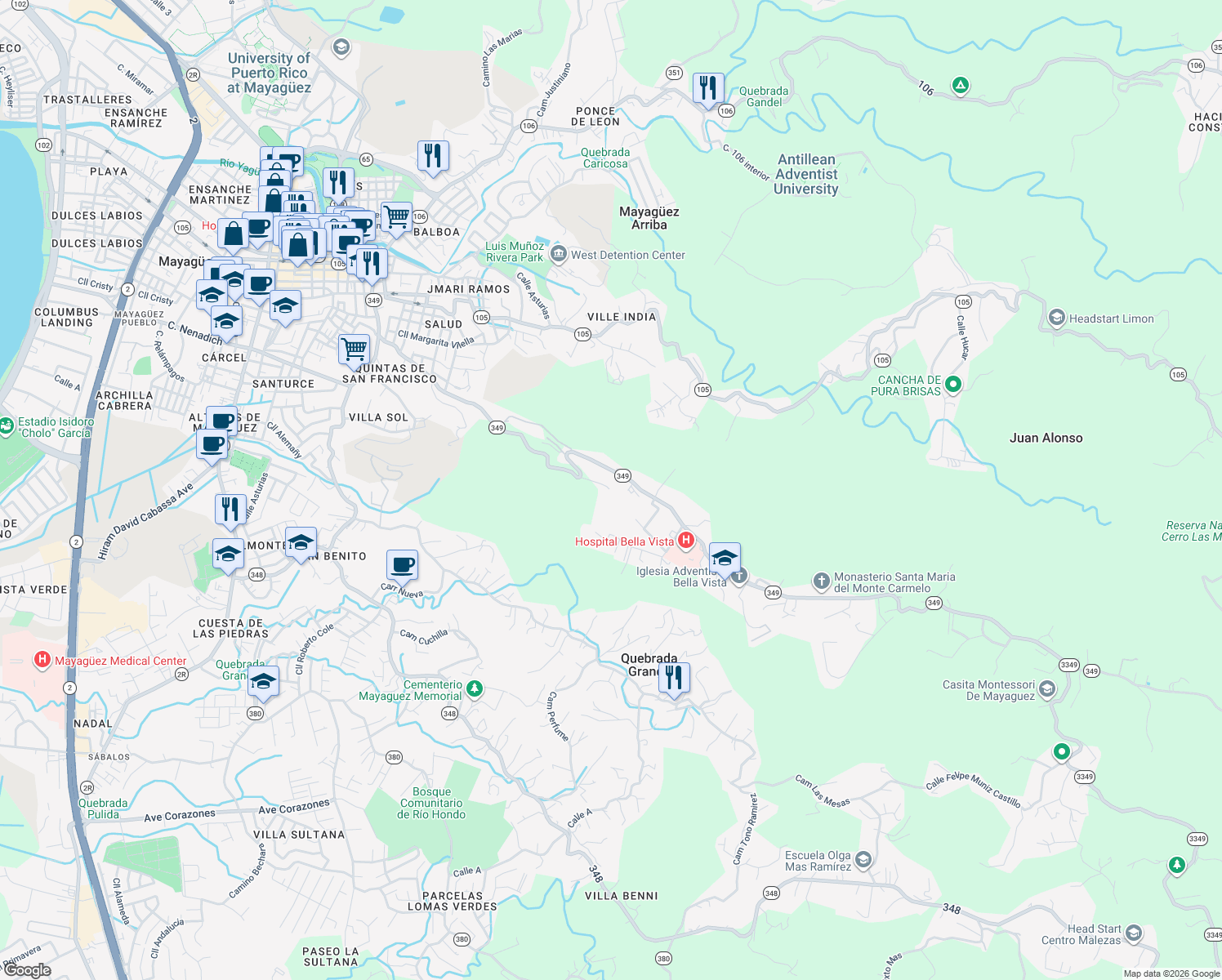 map of restaurants, bars, coffee shops, grocery stores, and more near in Mayagüez