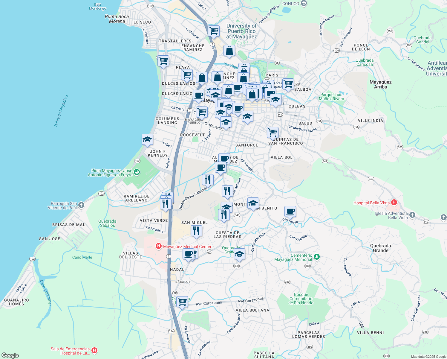 map of restaurants, bars, coffee shops, grocery stores, and more near Calle Ramón Emeterio Betances in Mayagüez