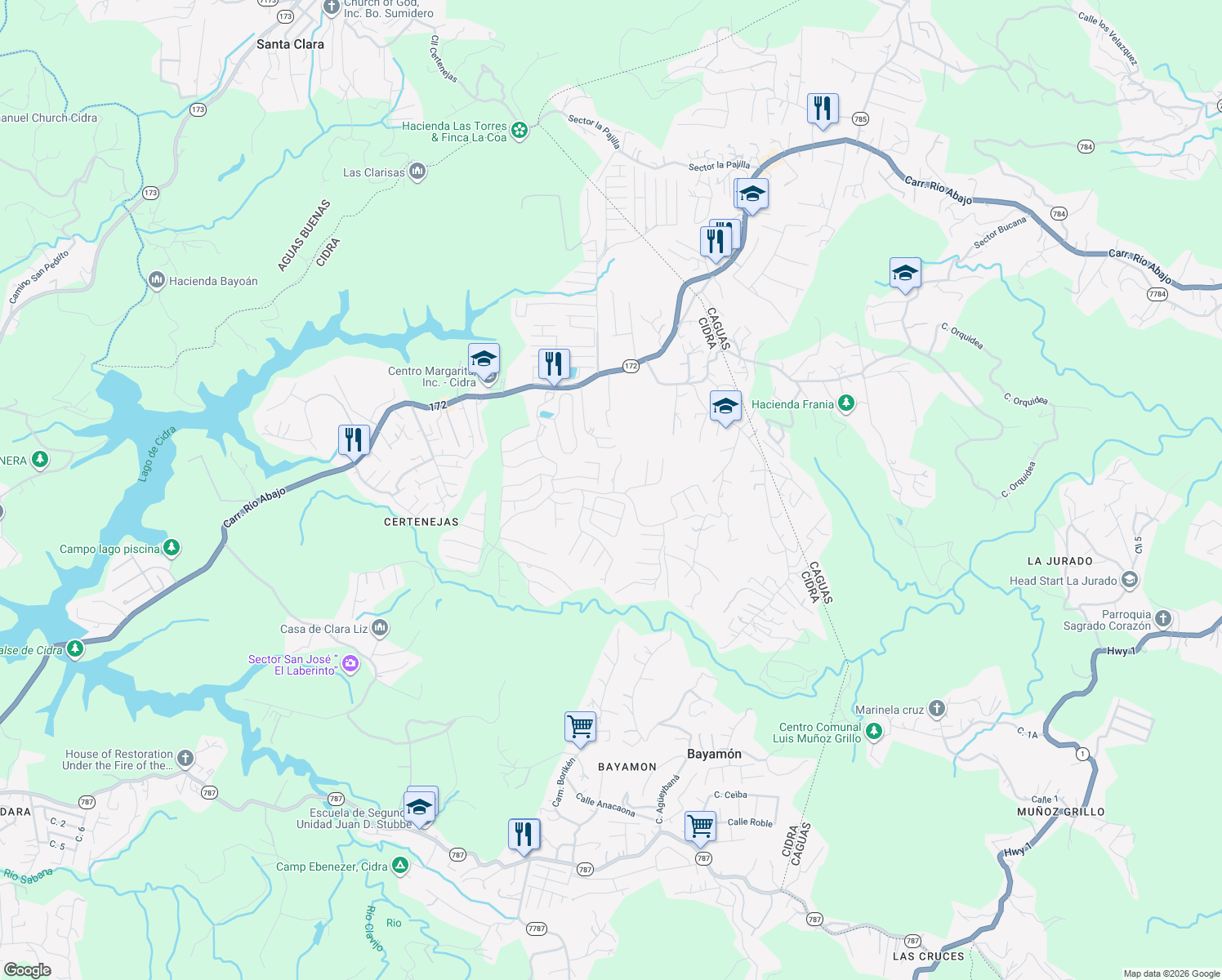 map of restaurants, bars, coffee shops, grocery stores, and more near Camino de Las Trinitarias in Cidra