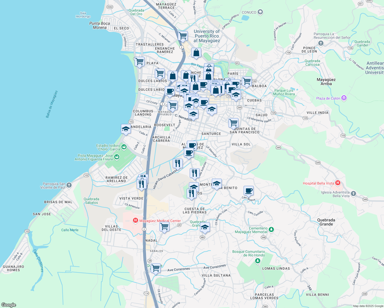 map of restaurants, bars, coffee shops, grocery stores, and more near Calle Ramón Emeterio Betances in Mayagüez