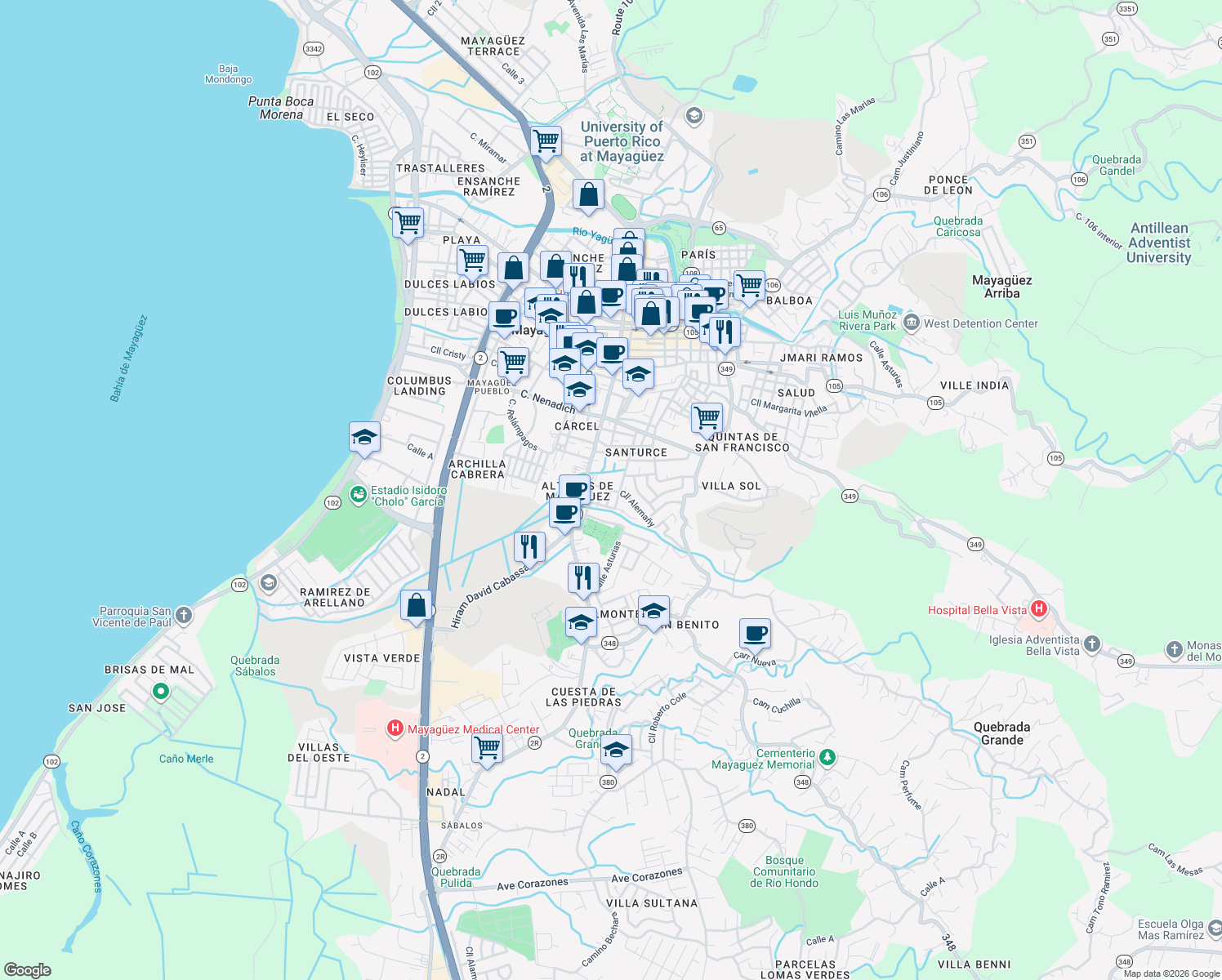 map of restaurants, bars, coffee shops, grocery stores, and more near in Mayagüez