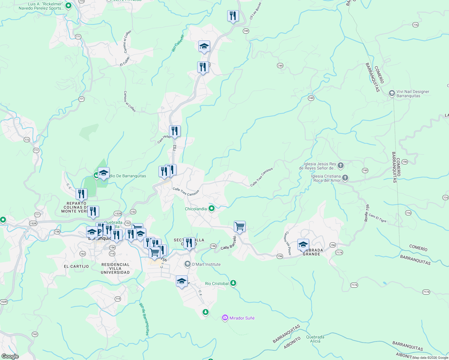 map of restaurants, bars, coffee shops, grocery stores, and more near Calle Tres Caminos in Comerio