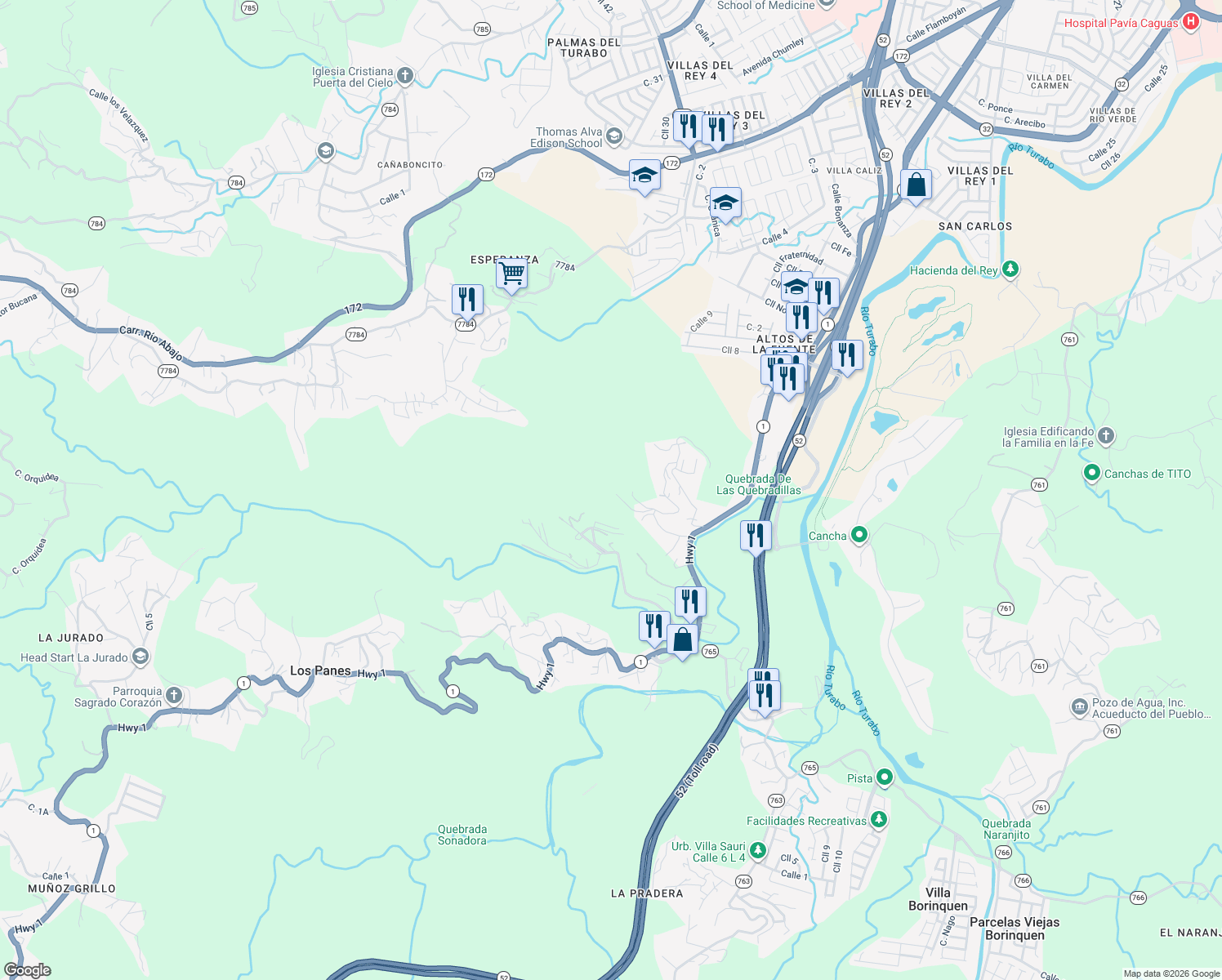 map of restaurants, bars, coffee shops, grocery stores, and more near in Caguas