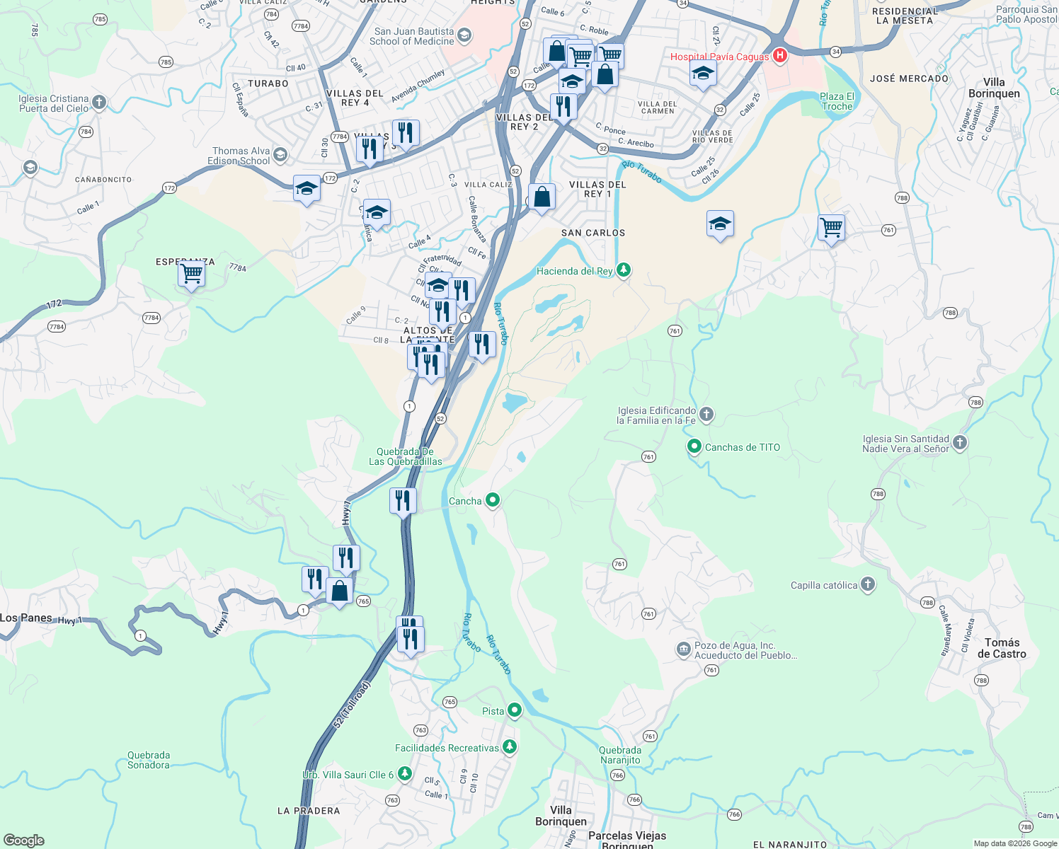 map of restaurants, bars, coffee shops, grocery stores, and more near 185 Calle Torre del Oro in Caguas